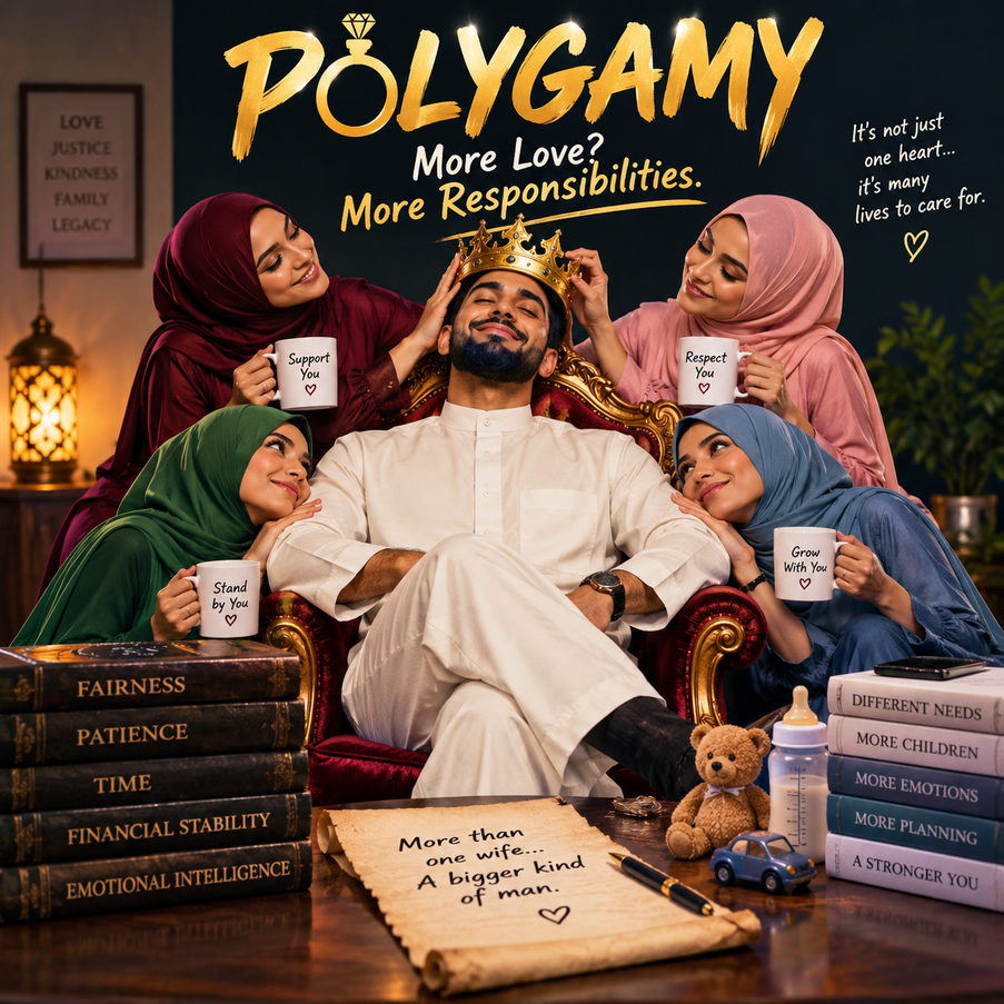 Illustration of a man surrounded by four wives, with the words 'Polygamy — More Love? More Responsibilities.'