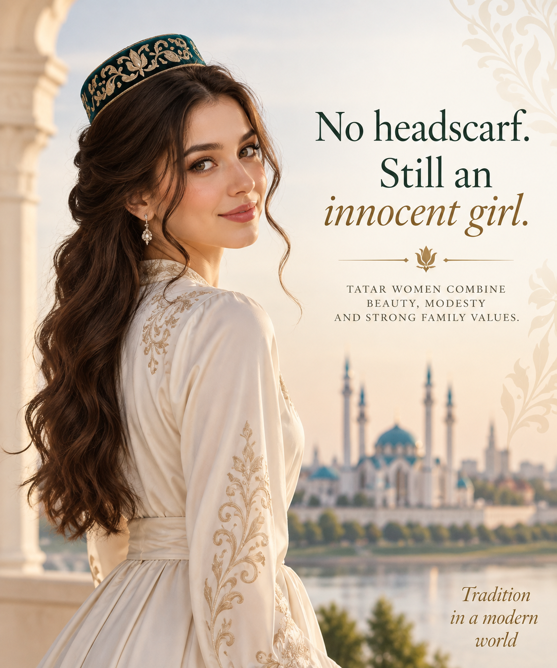 A young Tatar woman in a traditional kalfak overlooking the Qol Sharif mosque in Kazan