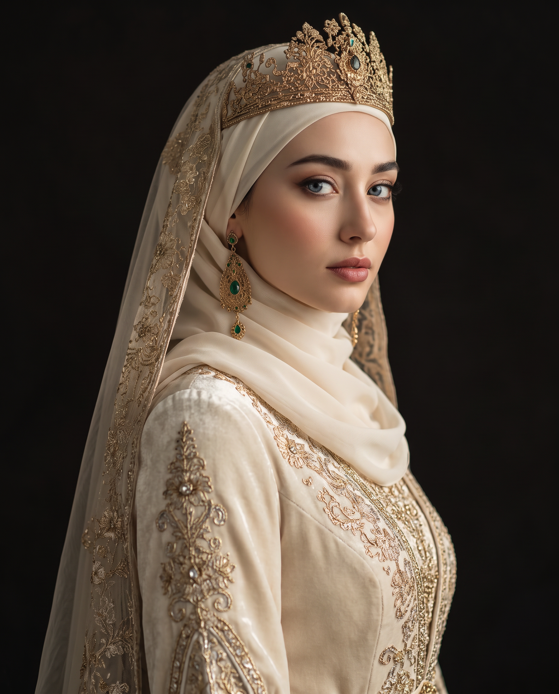 Tatar bride in traditional velvet dress with gold embroidery and kalfak headpiece