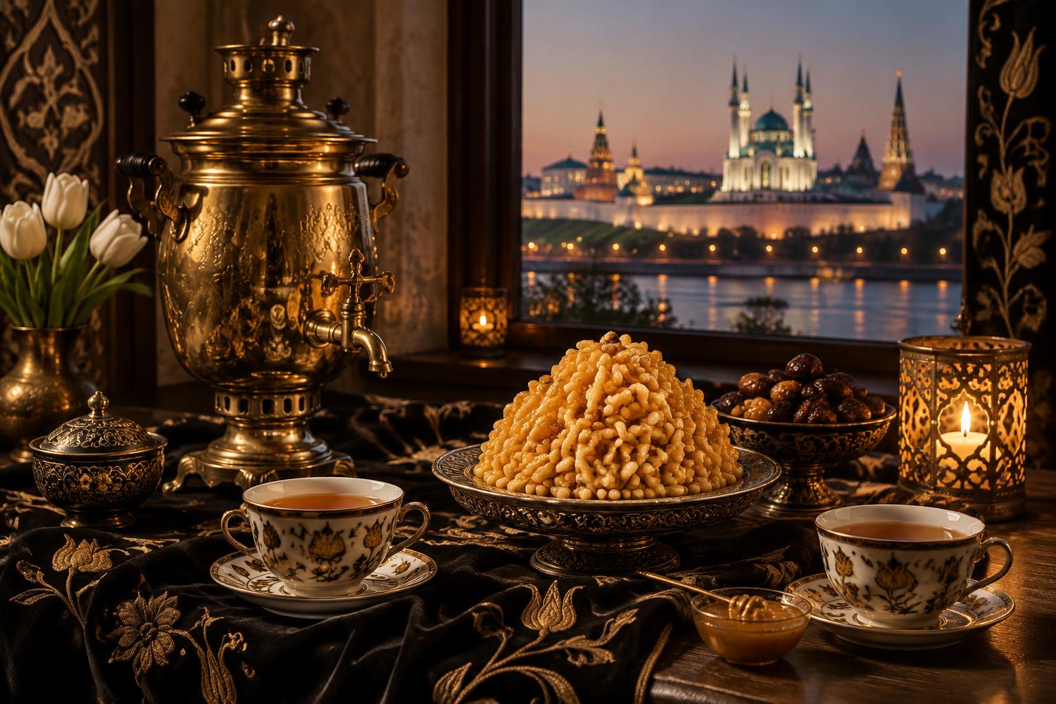 Tatar tea table with brass samovar, chak-chak and embroidered velvet