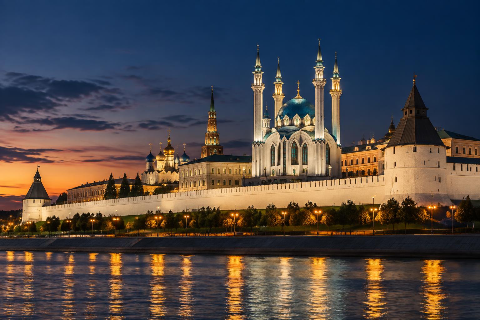 Kazan Kremlin and Qol Sharif Mosque illuminated beside the river