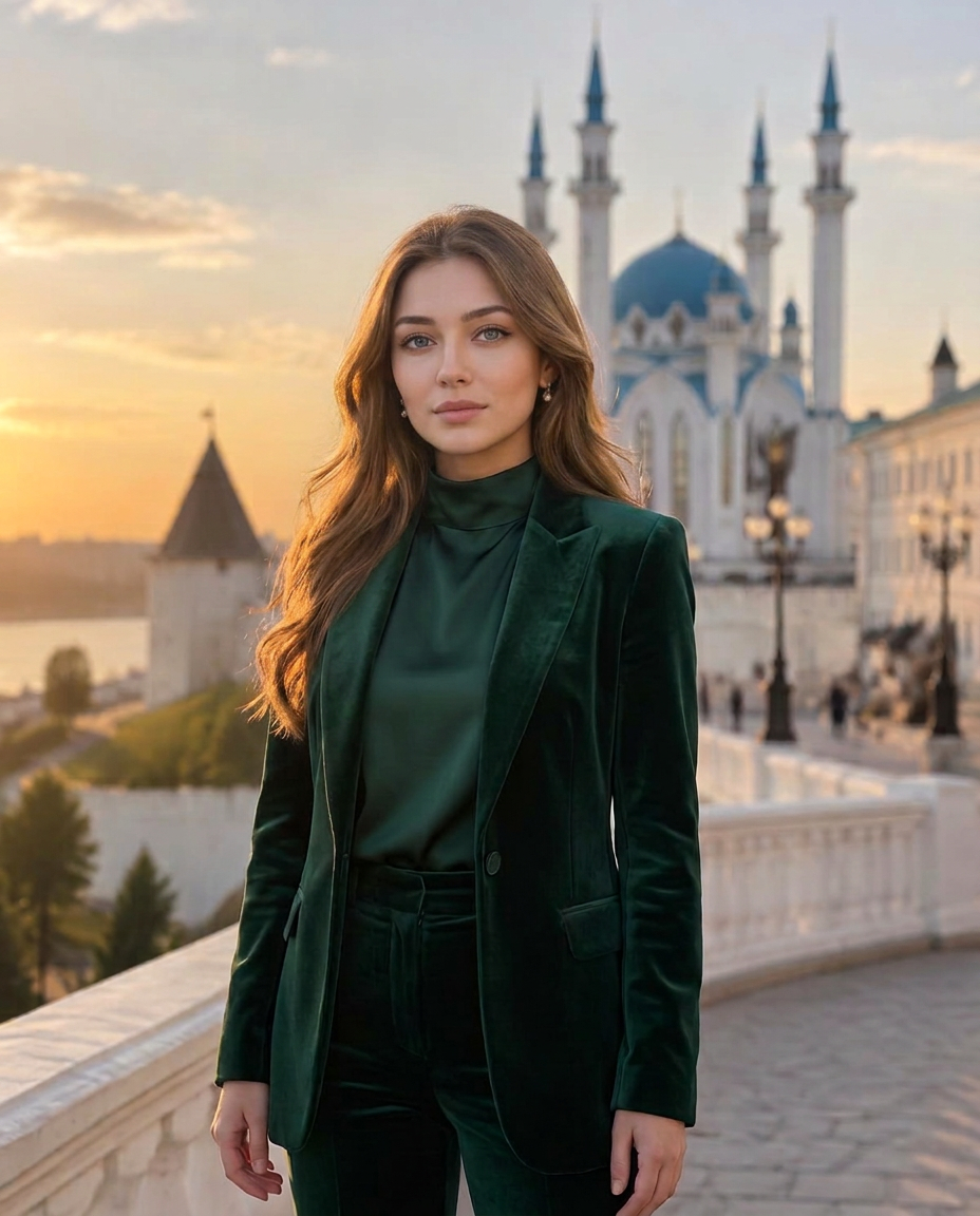 Modern educated Tatar woman without headscarf in Kazan at golden hour