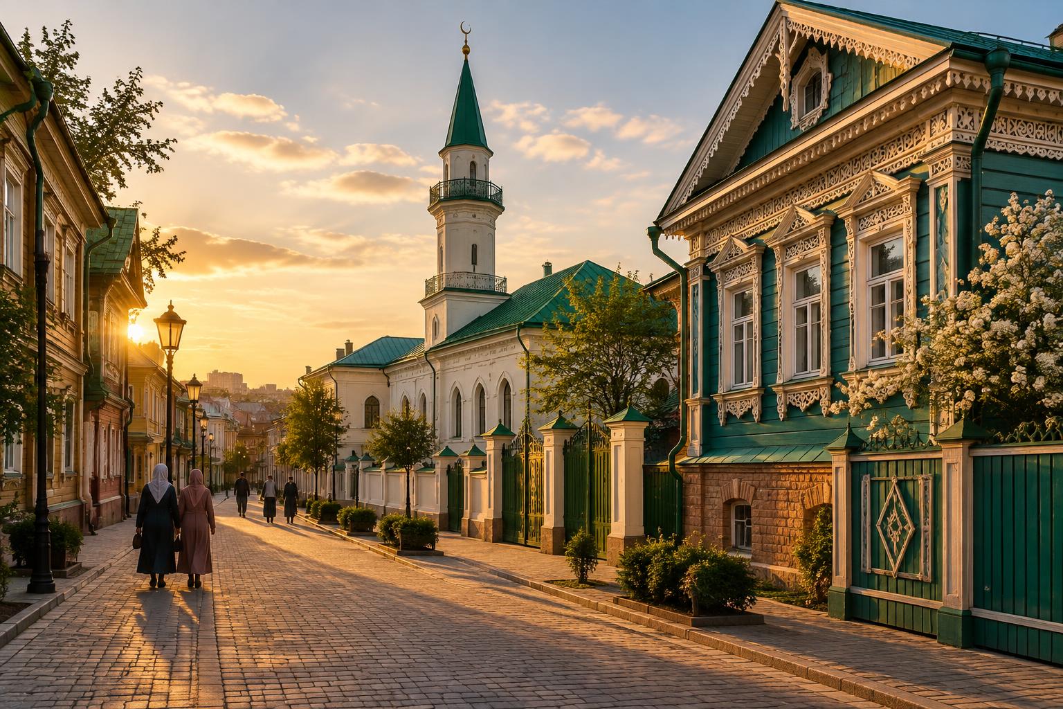 Historic wooden houses and Märcani Mosque in Kazan's Old Tatar Quarter