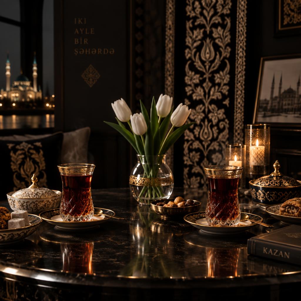 Two tea services set on a dark polished table in a Tatar interior, symbolising two separate households