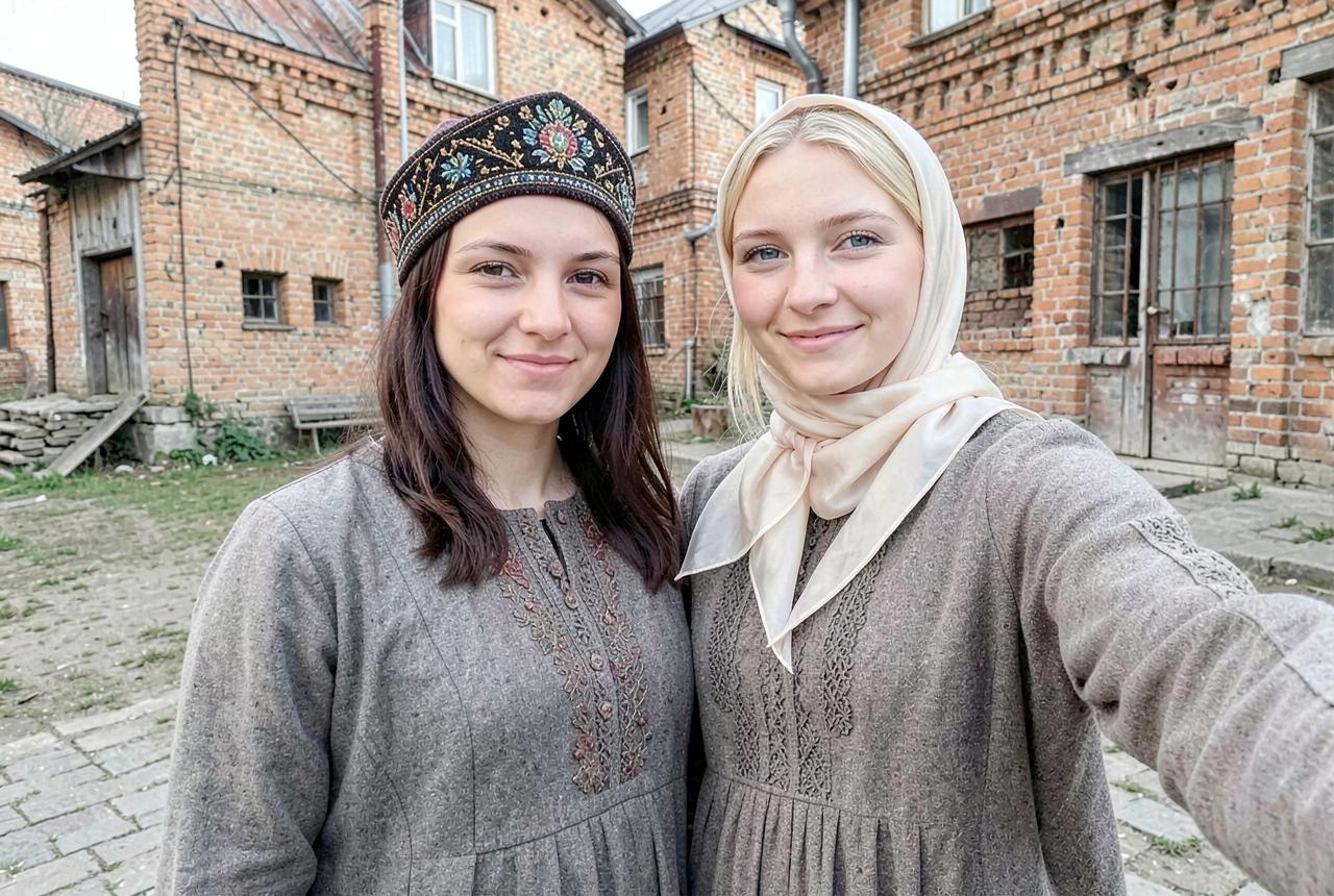 Two young Tatar women outdoors in Kazan, one in a traditional kalfak cap, one in a light scarf, casual natural pose