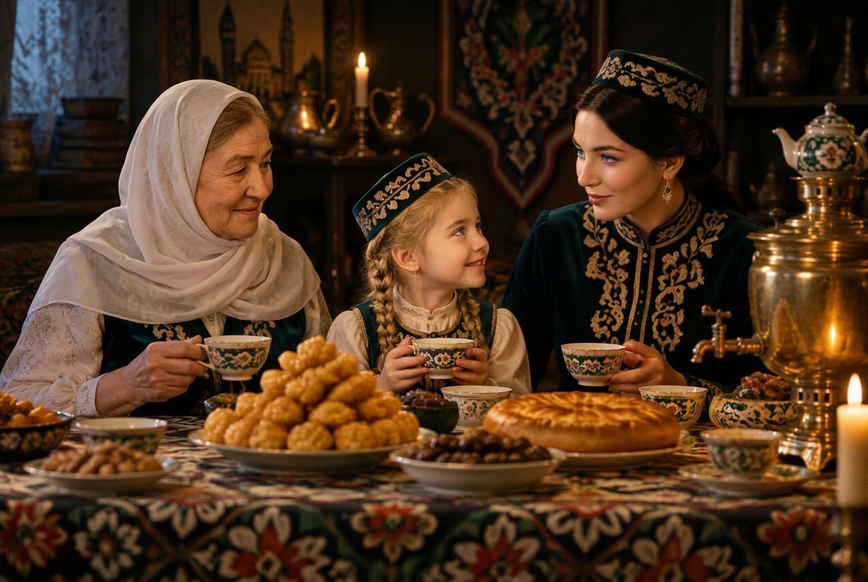 Three generations of a Tatar family at a tea table with a samovar