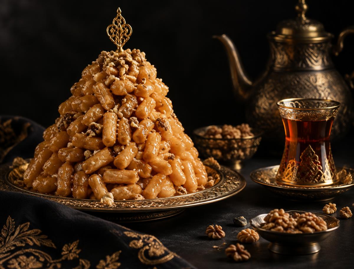 Tatar chak-chak honey dessert with black tea and a brass samovar